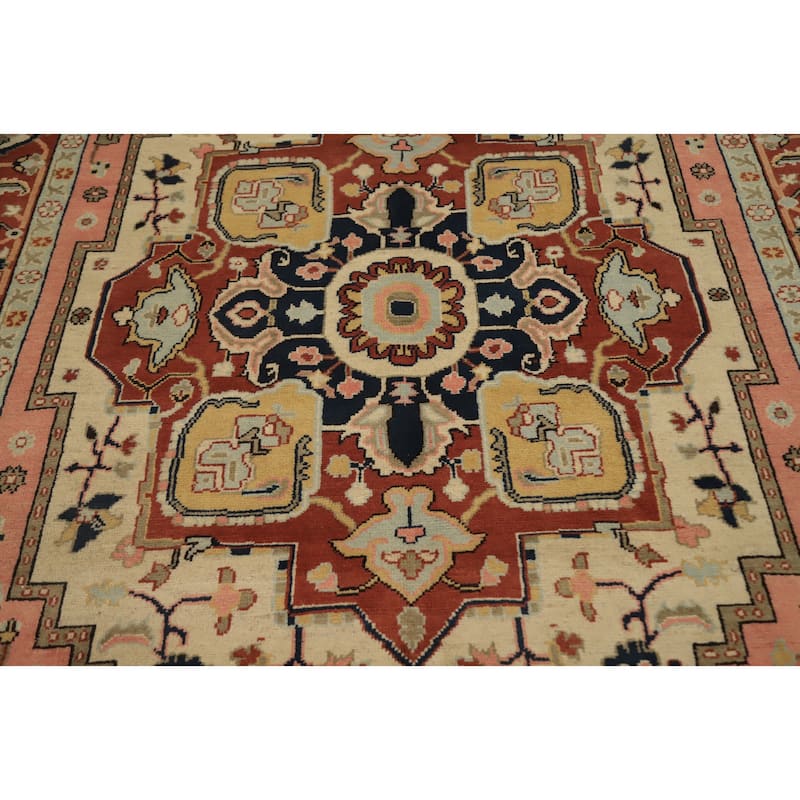 Hand Knotted Oriental 100% Wool Carpet Traditional Medallion Beige & Ivories Heriz (serapi) Area Rug - 9' 3'' X 6' 3''