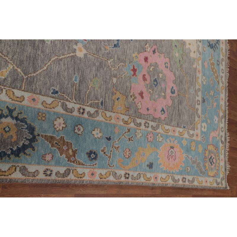 Gray Floral Oushak Area Rug Hand-Knotted Wool Carpet - 8'8"x 11'10"