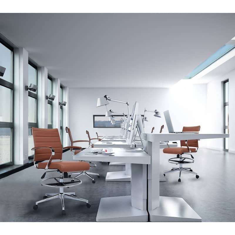 Swivel PU Leather Office Drafting Chair For Standing Table Mid-Back Ribbed Executive Ergonomic With Arms Wheels Task Computer