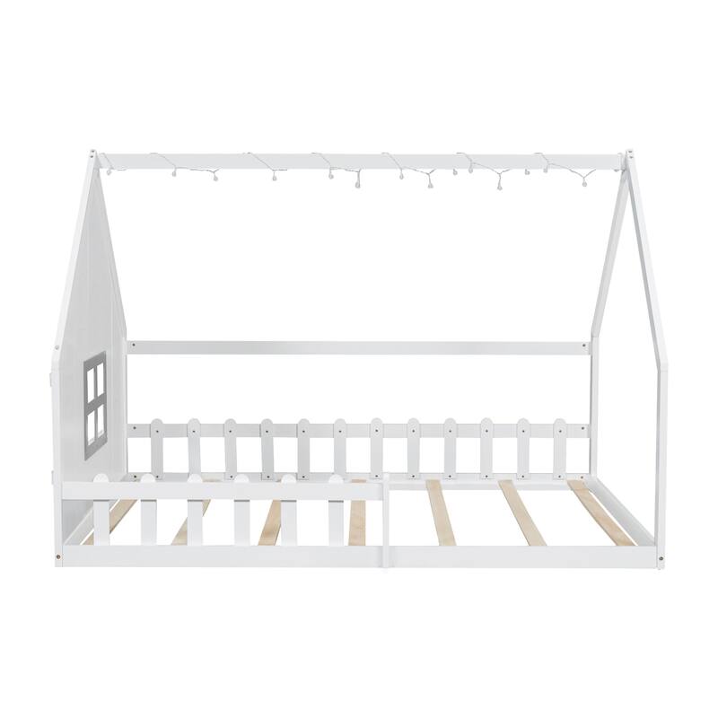 Full Size Wood House Bed with Window and Fence