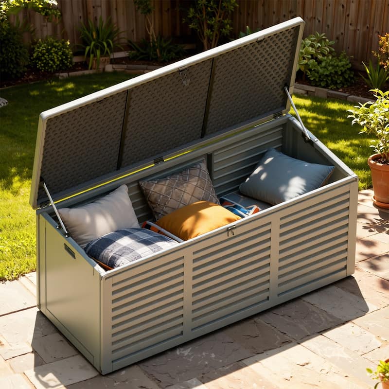 130 Gal. Upgraded Resin Deck Box, Outdoor Storage Box Waterproof with Hydraulic Rod and Side Handle, Lockable