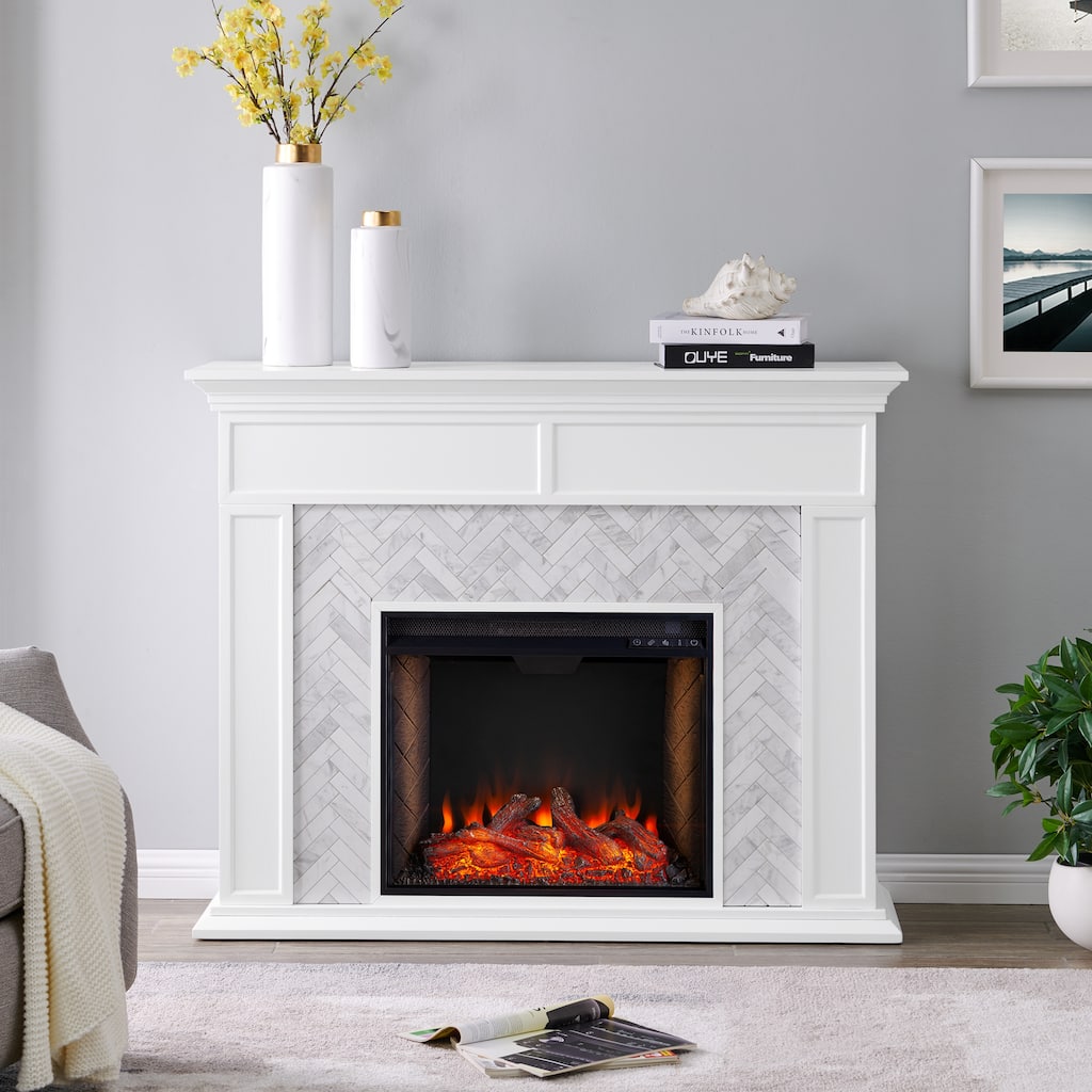 SEI Furniture Torlington Tiled Marble Fireplace Mantel With Criss-Cross Electric Firebox - 15"W x 39"D x 50"H