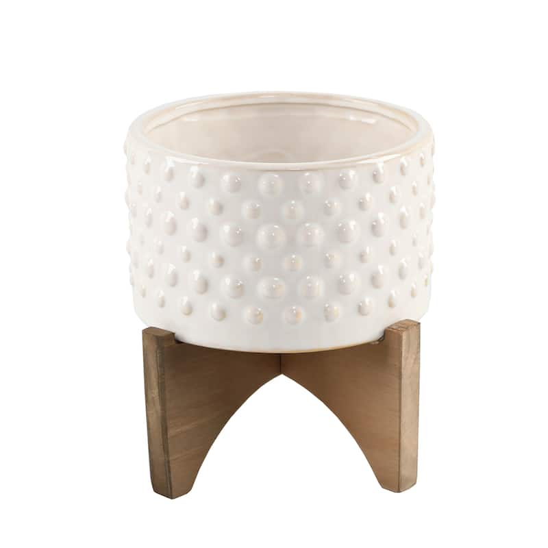 5" Hobnail Ceramic Planter on Wood Stand - Off-White