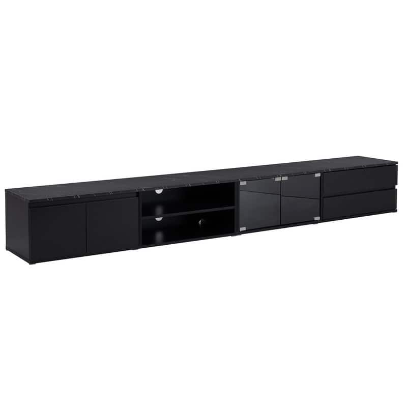 Modern 105" App-Controlled LED TV Stand with Faux Marble Top & Glass Doors