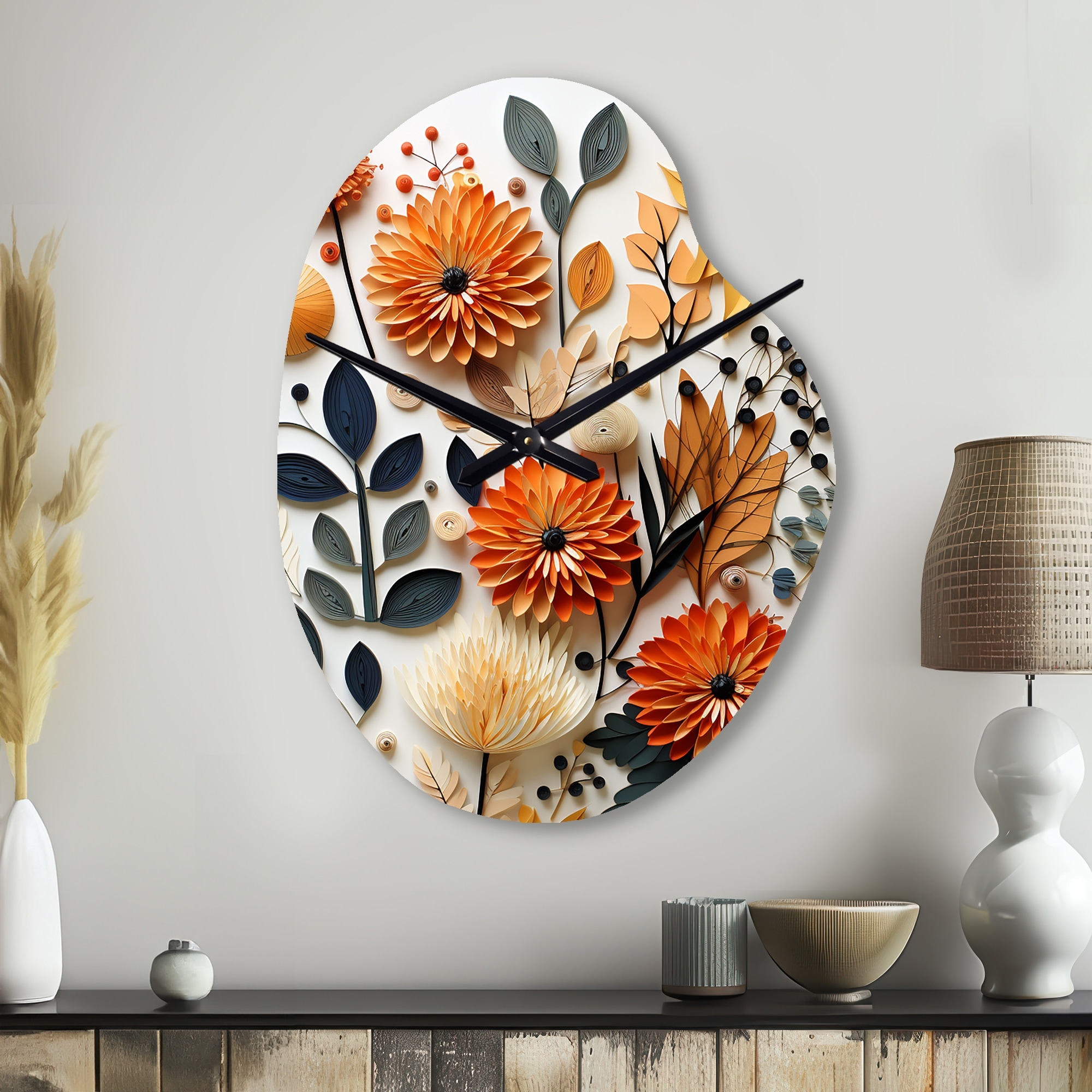 Designart - Colorful Mid Century Botanicals II - Abstract Midcentury Wall Clock in Pear Shape - Modern Unique Wall Clock