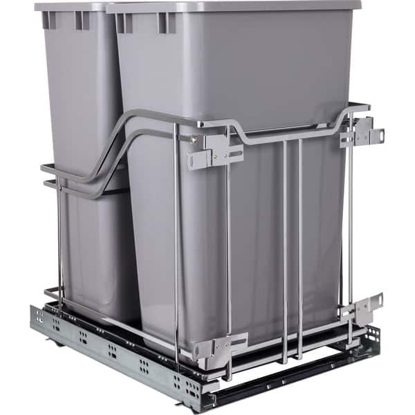 slide 2 of 2, Hardware Resources 15" Bottom Mount Double Bin Pull Out Trash Can with Polished Chrome / Grey