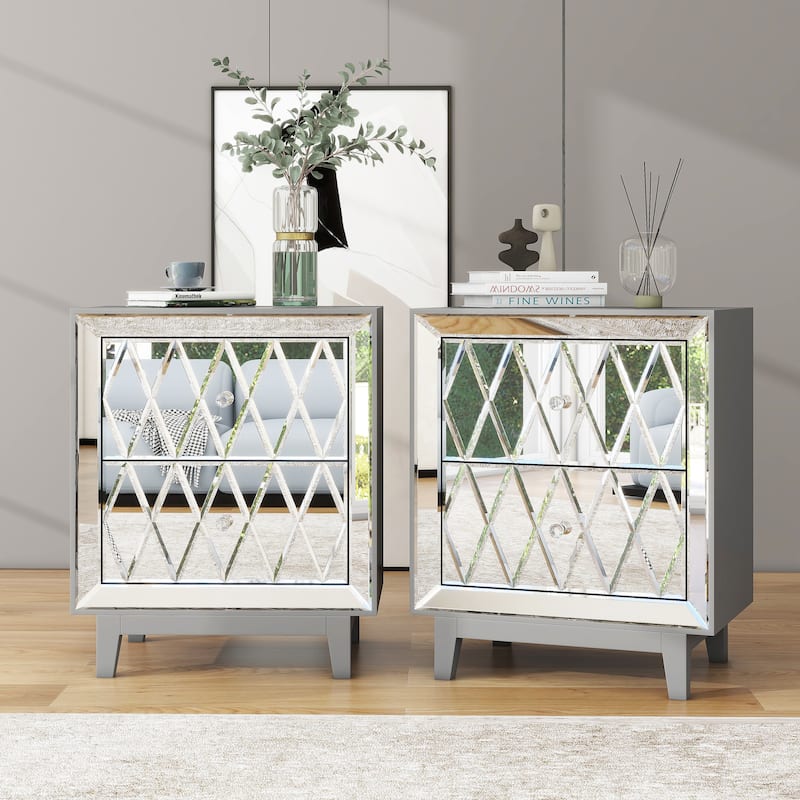 2-Drawer Mirrored Nightstand, Set of 2 - Silver