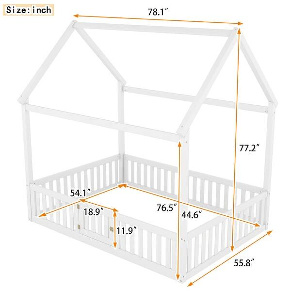 Full Size Kids House Bed Frame with Roof, Openable Door & Guardrail, Distressed White Wooden Playhouse Style Platform Bed