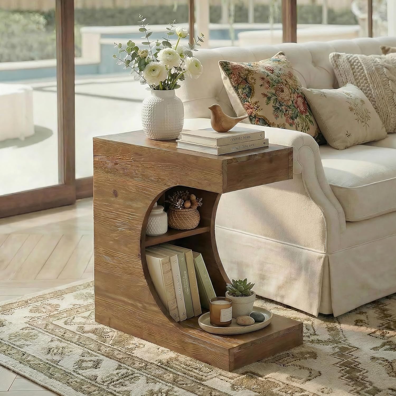 C-Shaped Solid Wood End Table, Modern Side Table with 2-Tier Storage, Minimal Rustic Couch Bedside Table Nightstand