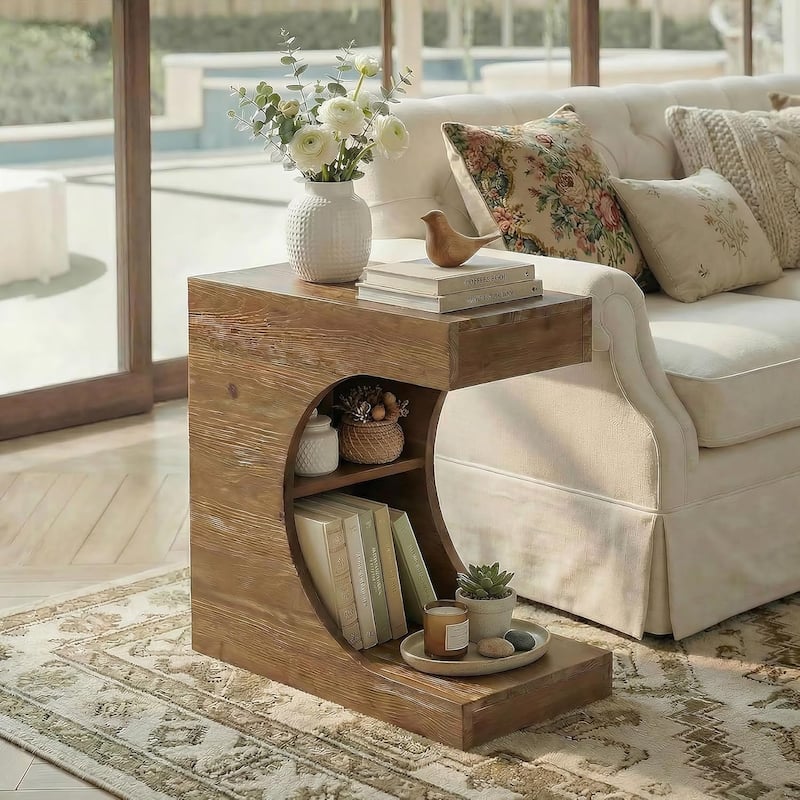 Solid Wood End Table, Rustic C-Shaped Side Table - Brown - Wood