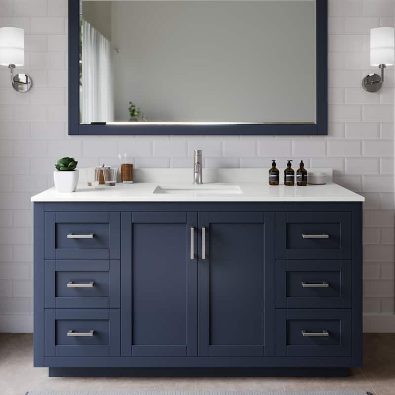 Wyndham Collection WCF292960S-QTZ-UNSMXX Miranda 60" Free Standing - Dark Blue / White Quartz Top / Brushed Nickel