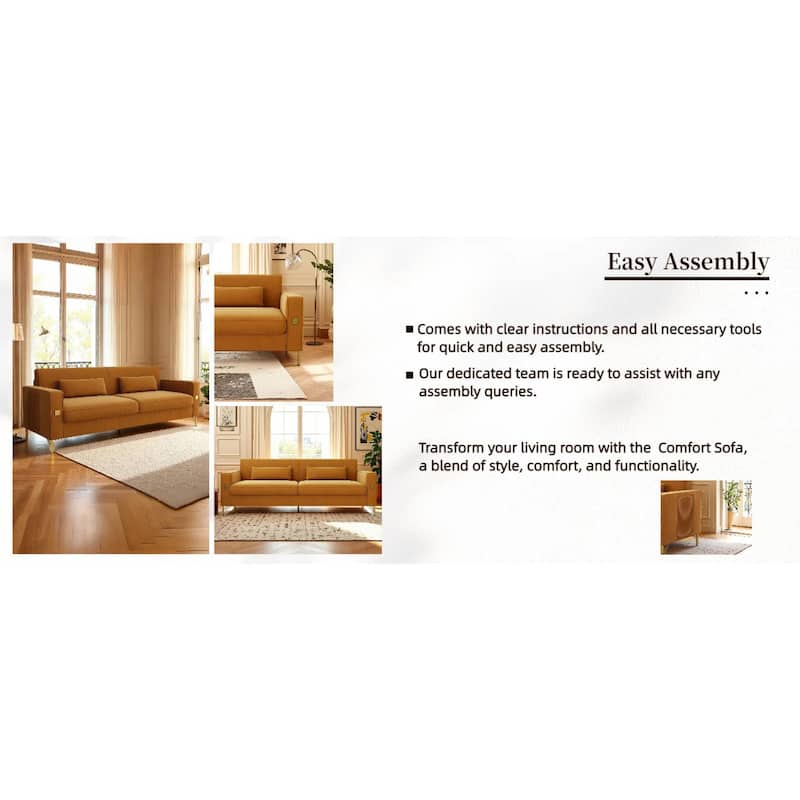 Roomfitters Mid-Century Modern Upholstered Sofa with Gold Metal Legs and Square Arms, Elegant Couch for Living Room