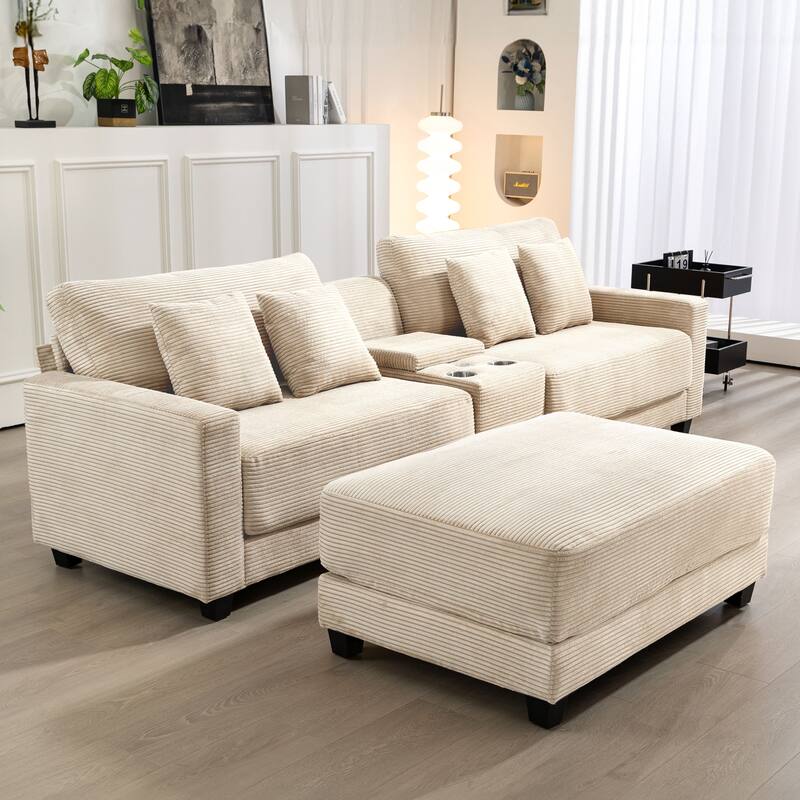 Oversized Corduroy Upholstered Sofa with a Removable Ottoman & 4 Pillows