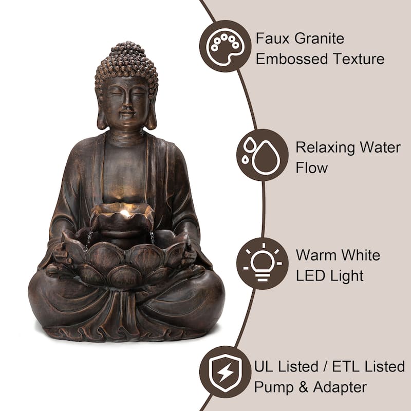 Glitzhome 28.25"H Zen Style Meditating Buddha Statue Patio Fountain with LED Lights - 28.25"
