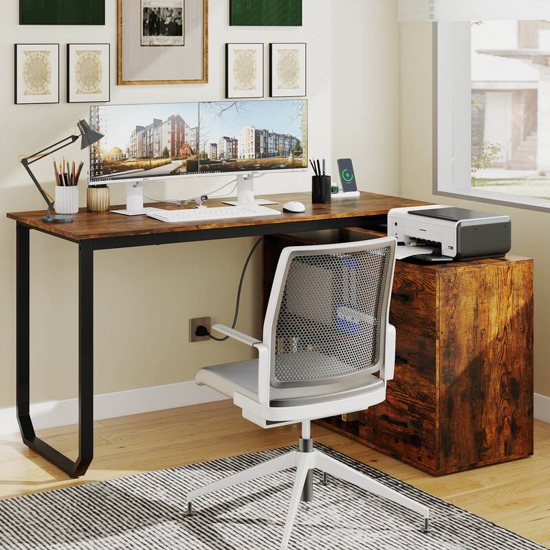 Costway L-Shaped Desk with Power Outlet 55" Reversible Computer Desk