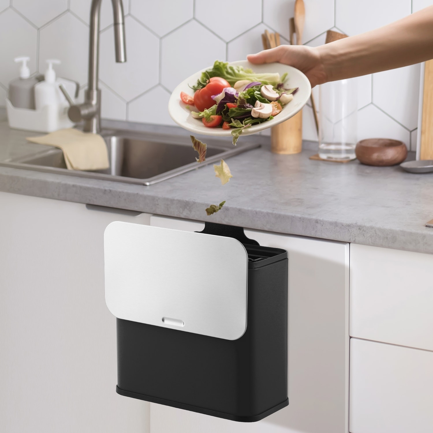 Kitchen Compost Bin for Countertop or Under Sink, 1.3 Gallon Stainless Steel Hanging Trash Can