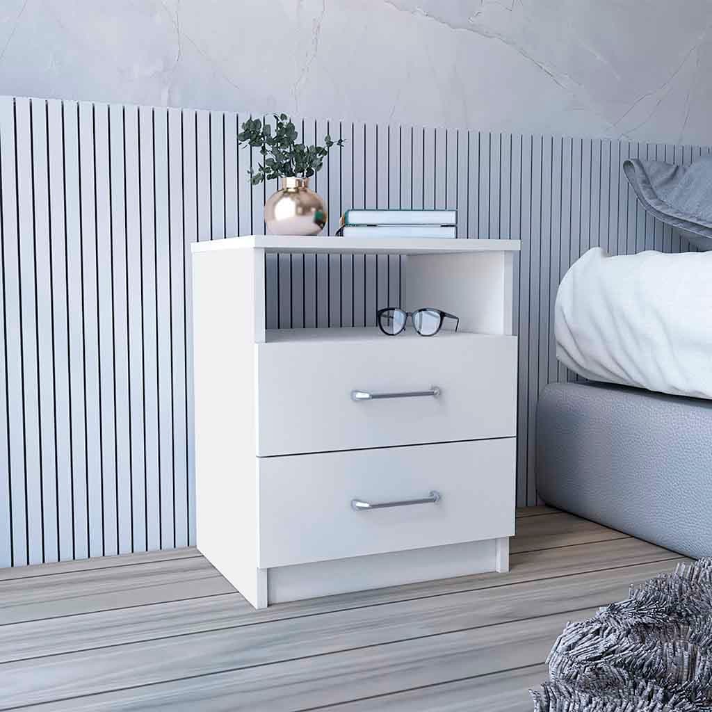 White Nightstand with Two Drawers and One Open Shelf