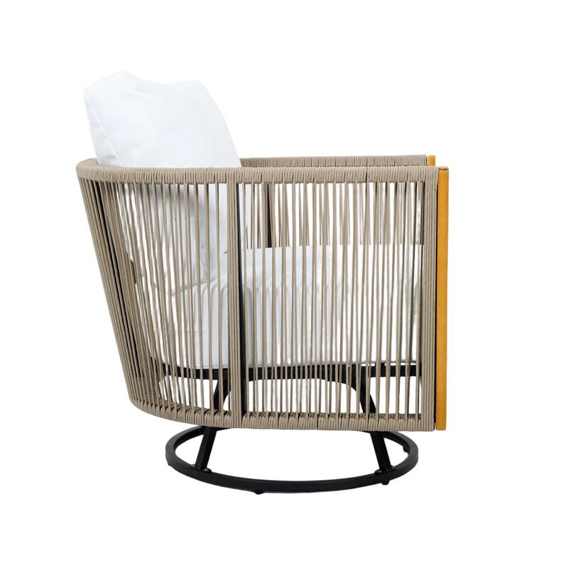 Outdoor Acacia Wood Rope Swivel Lounge Chair with Cushion and Concrete-Acacia Side Table