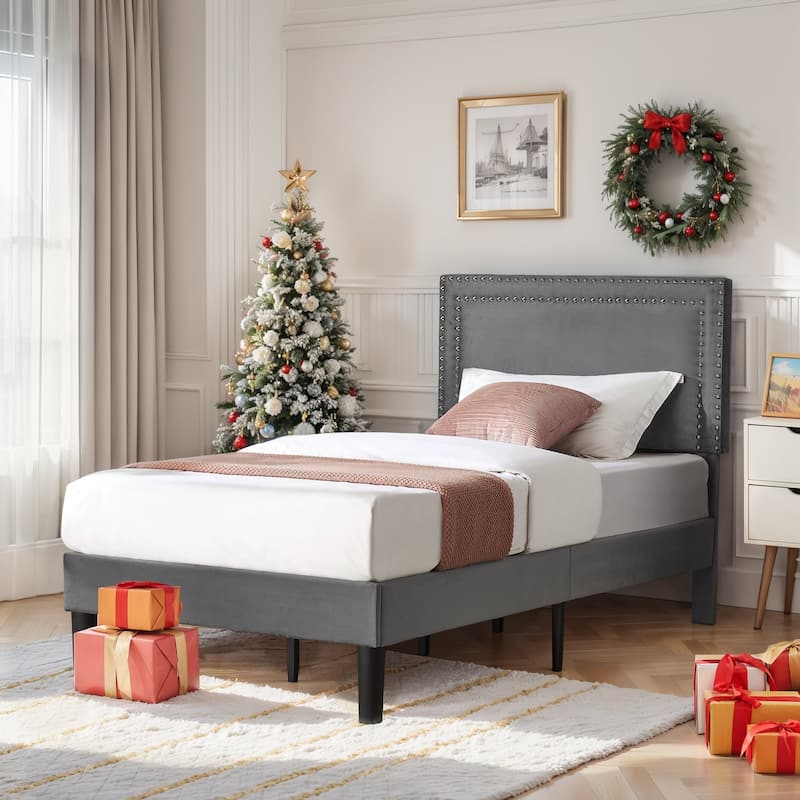 VECELO Upholstered Bed Frames with Height Adjustable Headboard