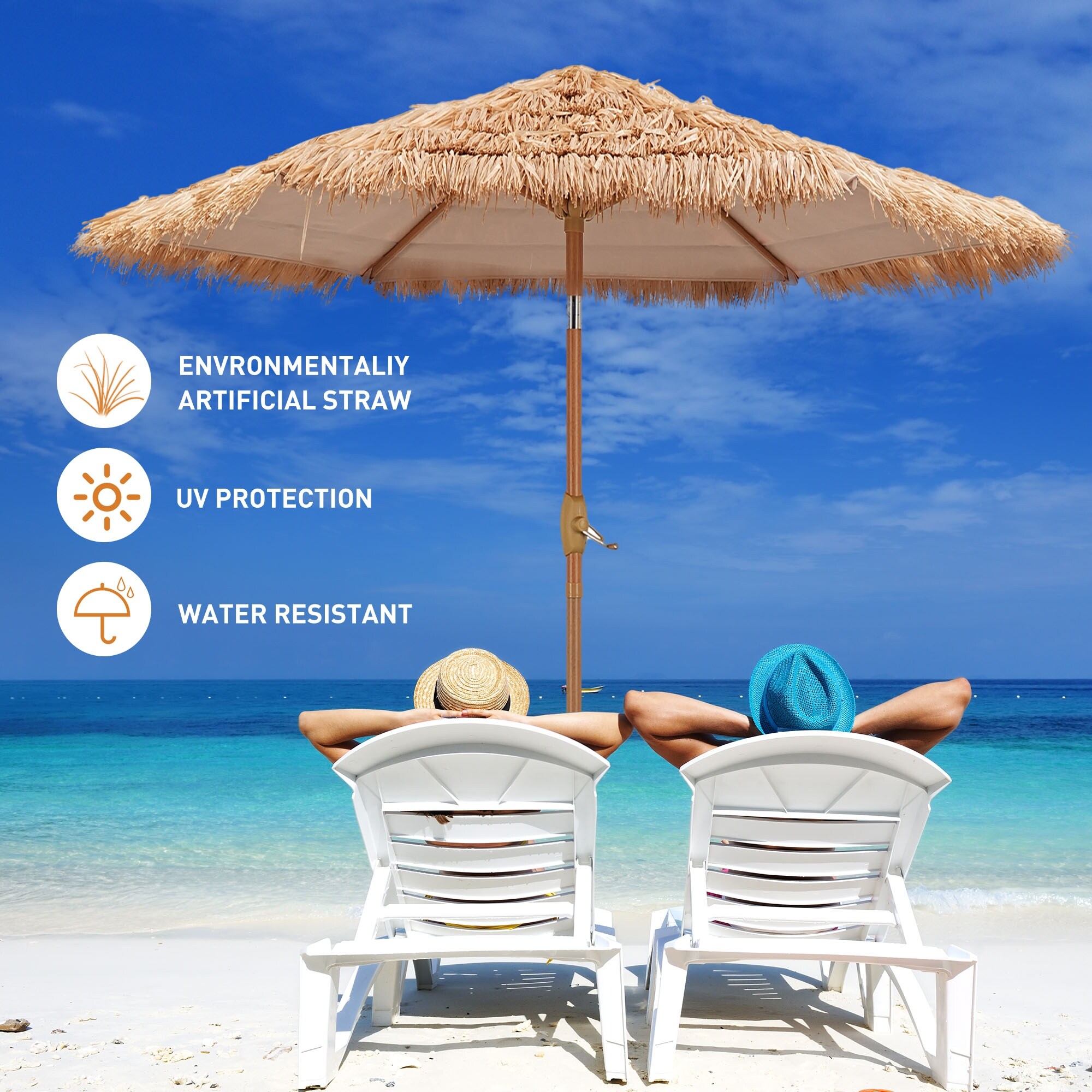 hula patio umbrella 6.5ft Tahtched Tiki Umbrella, Beach Hawaiian Style You can enjoy the cool shadow from sunrise to sunset without moving your thatch patio umbrella.Push button is convenient for you to open and close the canopy without much effort 6.5' Hula Thatched Umbrella 