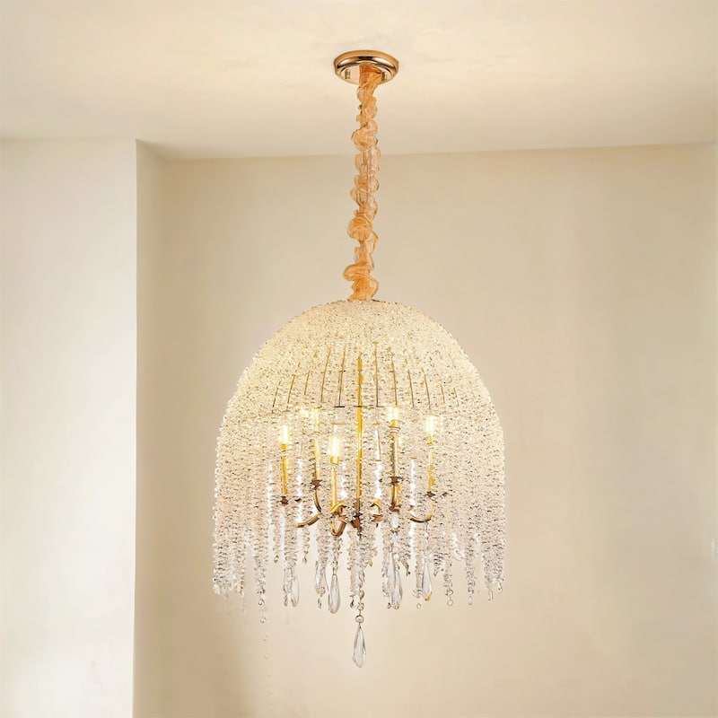 20 Inch 6-Light Crystal Pendant Light Chandelier-Elegant Waterfall Design with Cascading Crystal - Gold