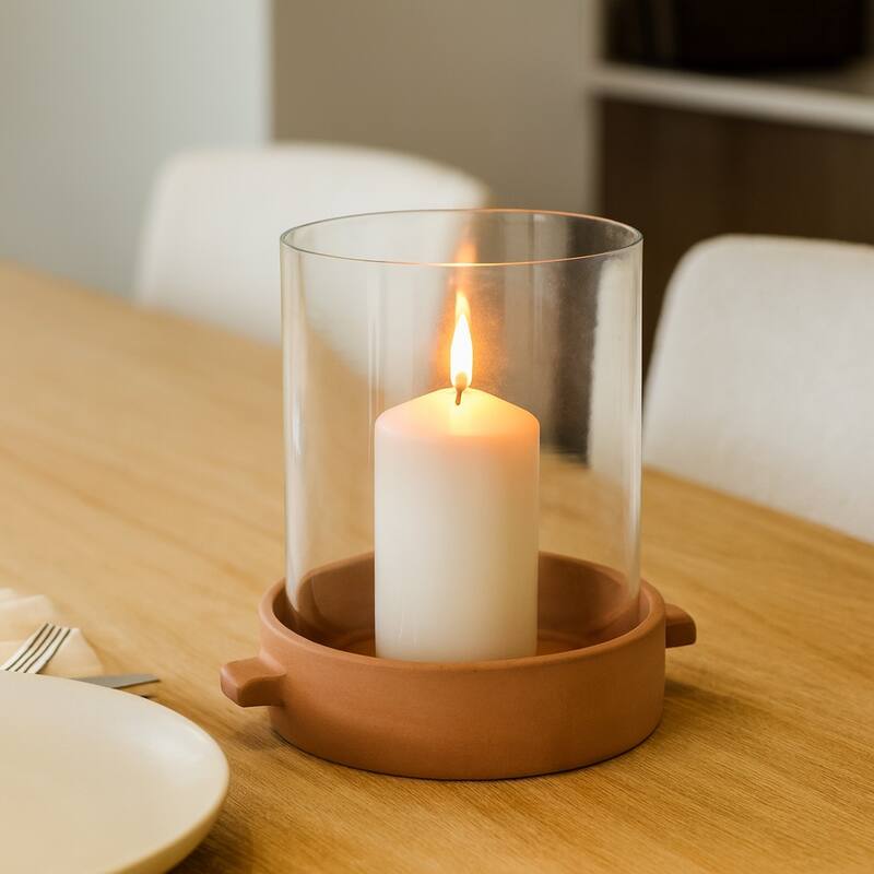 Modern Glass Hurricane Candle Holder with Terracotta Base - 10"