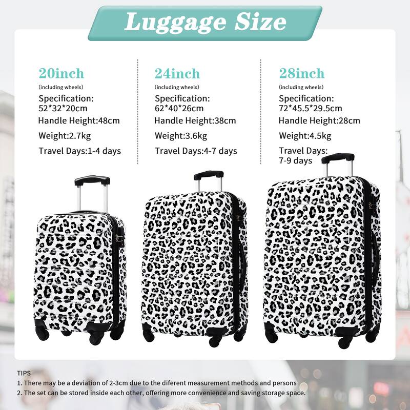 3-Piece, Modern Luggage Sets, Expandable Luggage with Silicone Handles and TSA Lock, for Boarding Travel, White+Black Leopard