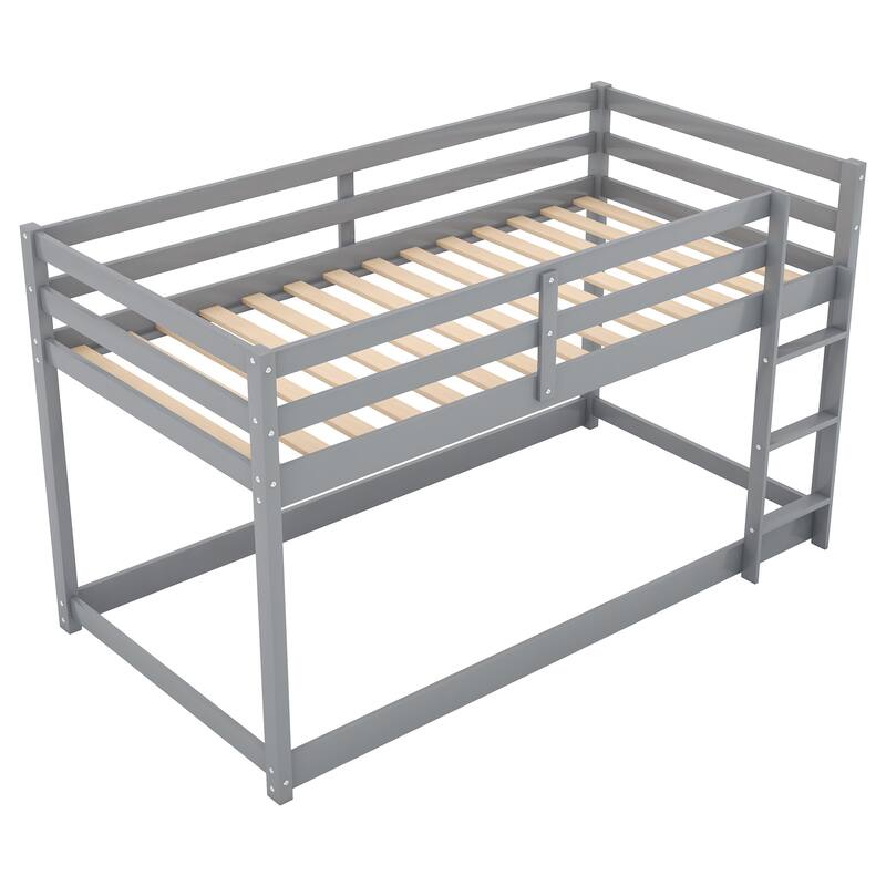 Twin Over Twin Floor Bunk Bed with Ladder, Gray - Solid Pine Wood, Low Design, Safety Guardrail