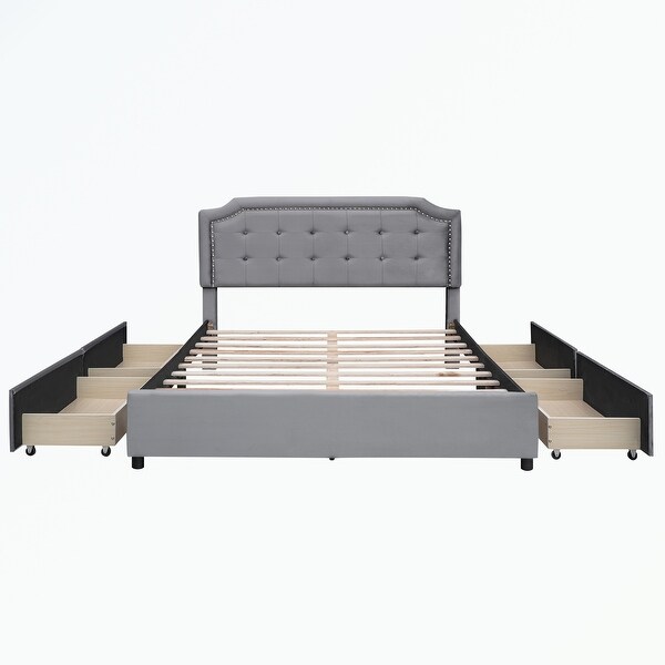 はる様✕4 Upholstered Platform Bed with Headboard and 4 Drawers, Queen