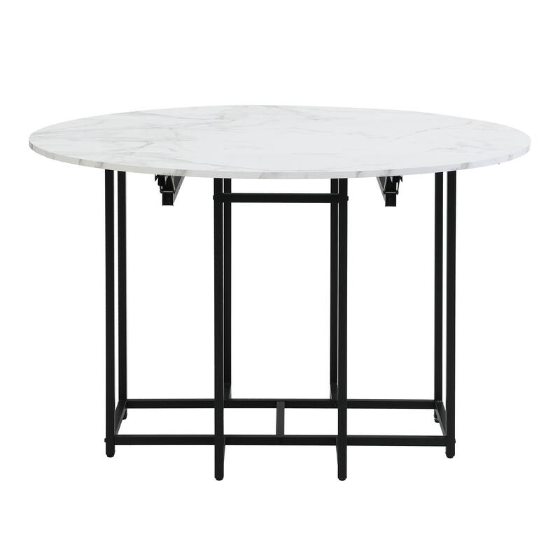 Roomfitters Space-Saving 5-Piece Extendable Dining Table Set with Round Faux Marble Top, 4 Upholstered Chairs