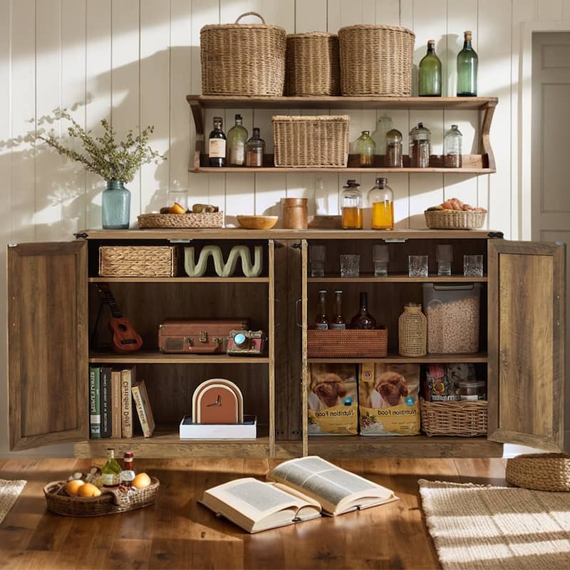 Farmhouse Buffet Cabinet, 65" Sideboard Buffet Cabinet, Rattan Storage Cabinet with 4 Doors - 64.96L*15.75W*34.05H
