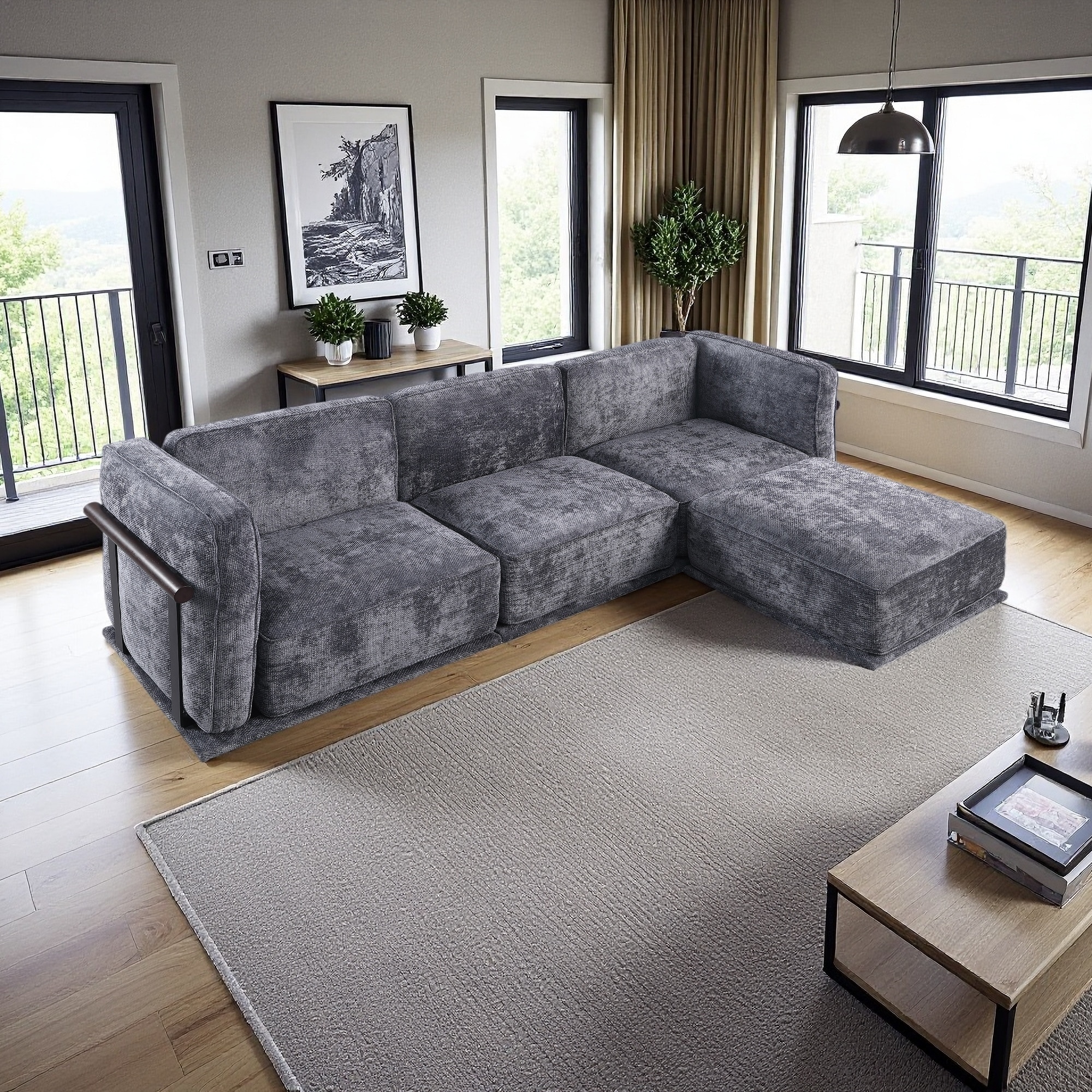 120'' Chenille Modular Sectional Sofa with Iron/Wood Frame and Ottoman (4-Seater)
