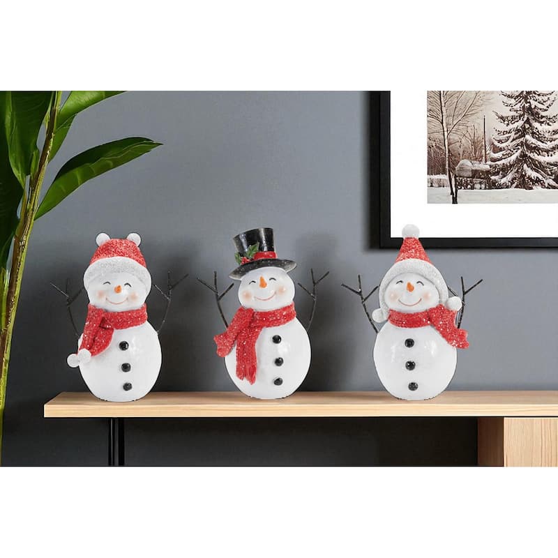 HomeRoots Set of Three Red And White Polyresin Christmas Snowman Figurines - 4.50 in. x 5.00 in. x 2.75 in. - White/Red - 4.50 in. x 5.00 in.  x 2.75 in.