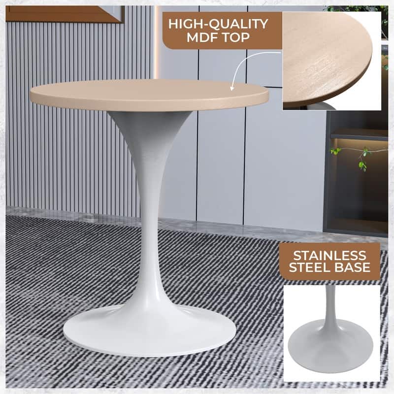 LeisureMod Verve 27" Round Dining Table with MDF Wood TableTop and White Steel Base for Kitchen & Dining Room - 27.56"