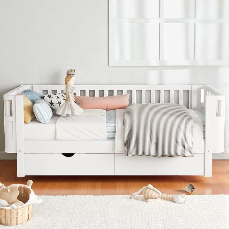 Twin/Full Size Wooden Platform Bed with Safety Rails and 2 Storage Drawers, Low Profile Kids Bed Frame