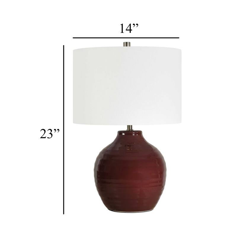 Table Lamp, Round Linen Shade, Ruby Red Textured Round Ceramic, 23 Inch