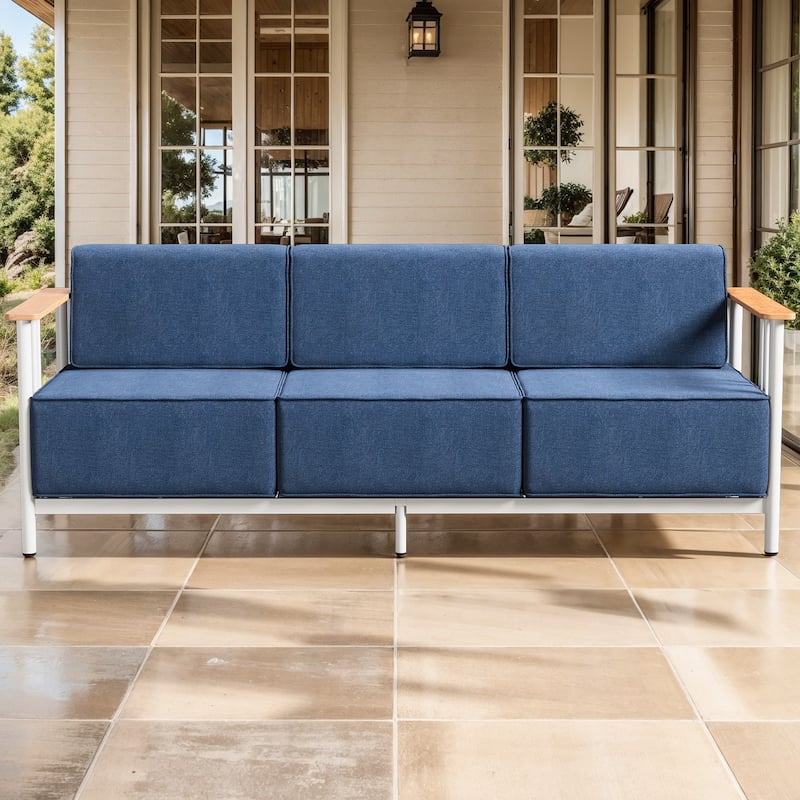 Puffin 3-Seat Outdoor Sofa with White Metal Frame and 10-Inch Thick Dark Gray Cushions - Blue - 1-Piece