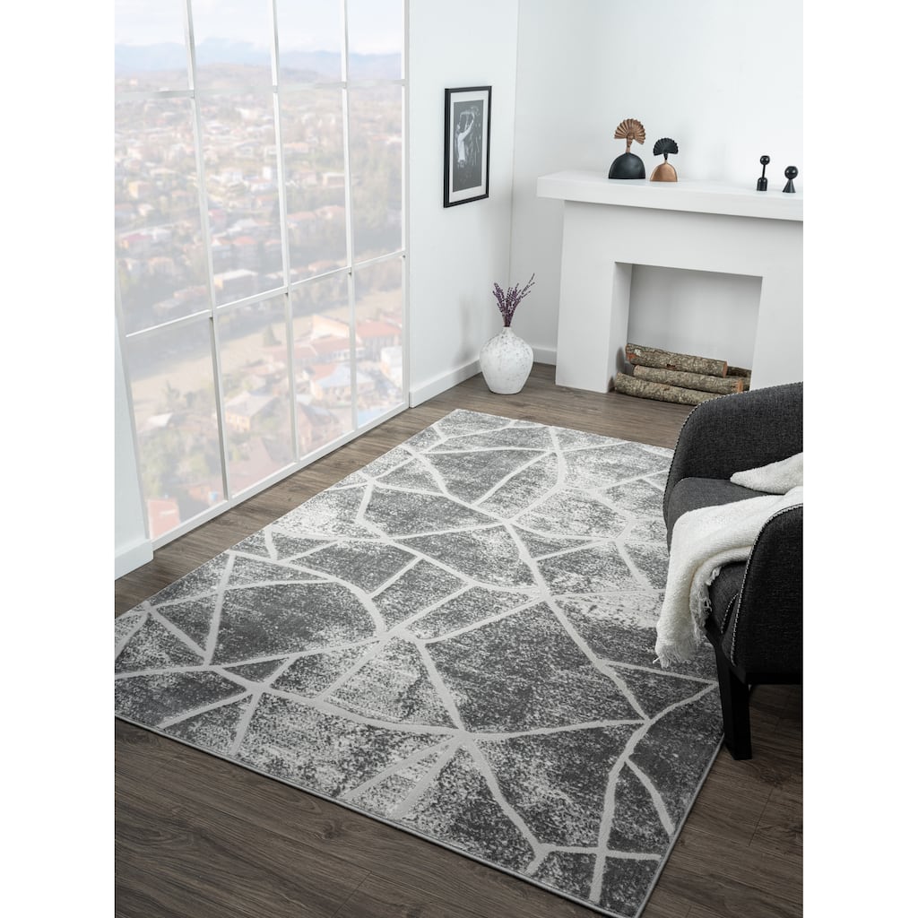 Riley Collection Grey/Light Grey Abstract Design Contemporary Area Rug