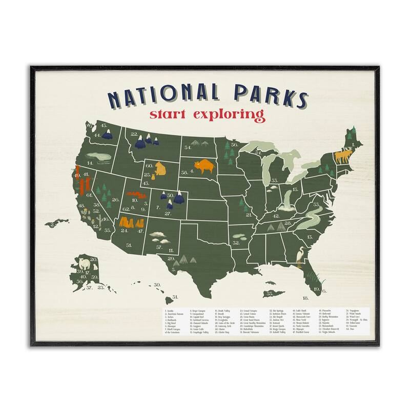 Stupell National Parks Map with Numbered Key United States Framed Wall Art - Green - 11 x 14 - Grey