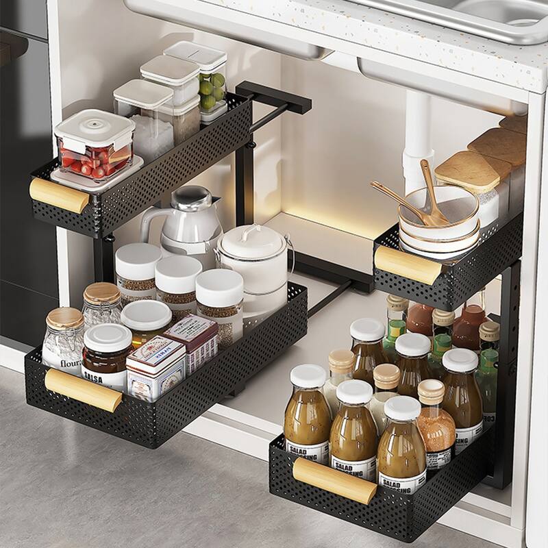 Under Sink Organizer, 2 Packs 2 Tier Under Sink Organizers and Storage, Slide Out Pull Out Cabinet Organizer Shelf