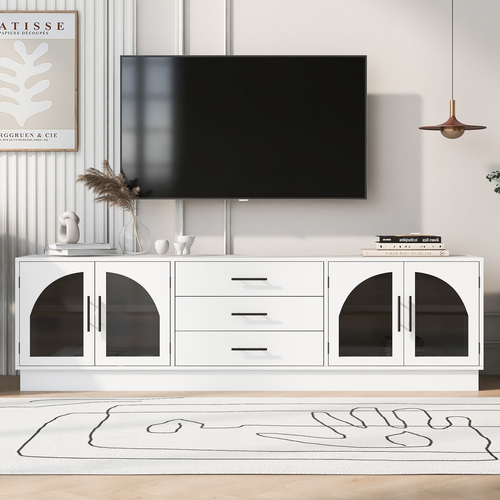 Modern TV Stand with 3 Drawers for TVs up to 75 Inches, Arched Glass Doors TV Cabinet Entertainment Center for Living Room