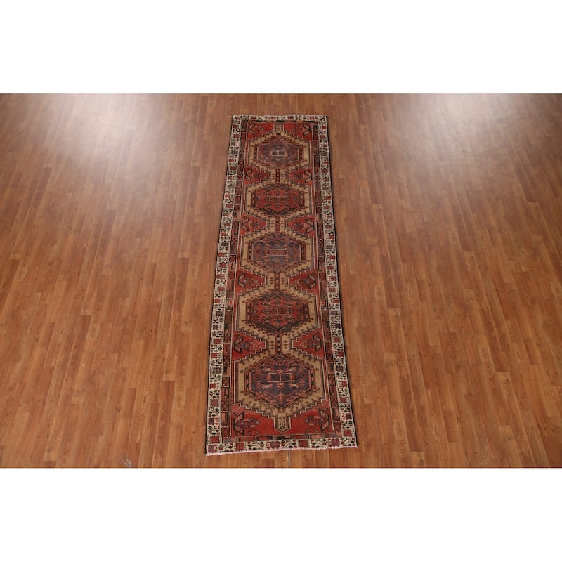 Orange Ardebil Persian Vintage Runner Rug Handmade Tribal Wool Carpet - 3'2"x 10'3"