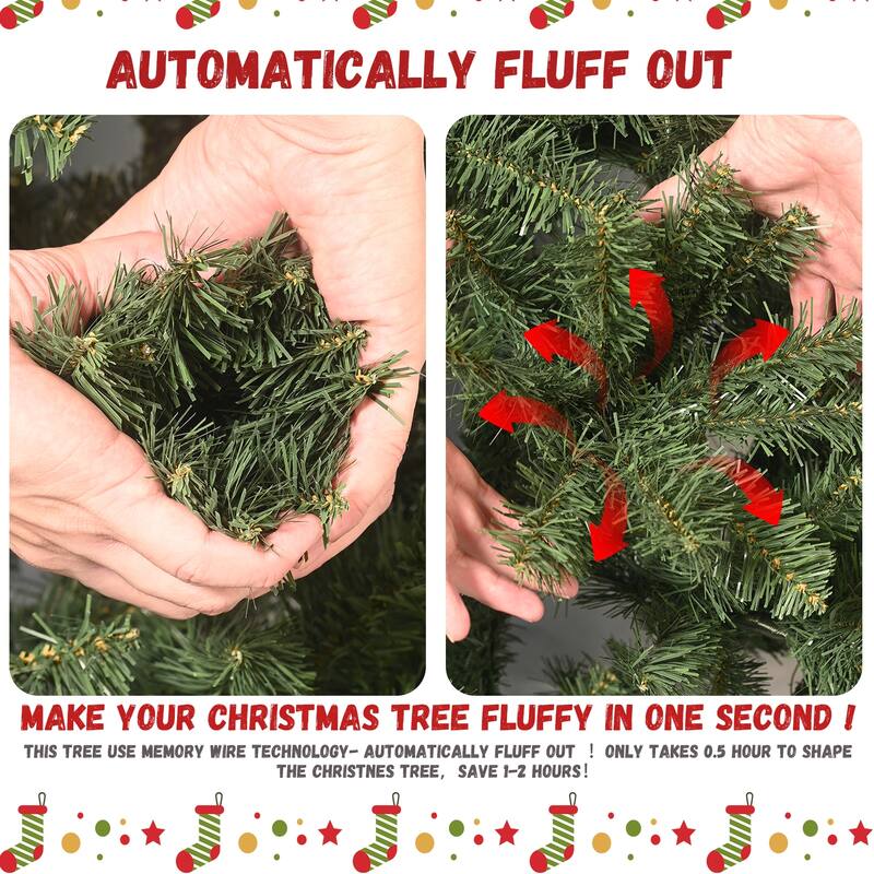 7ft Pre-Lit PVC Christmas Tree with 400 UL Lights, 1072 Tips, Auto-Unfold Memory Wire, Easy Assembly
