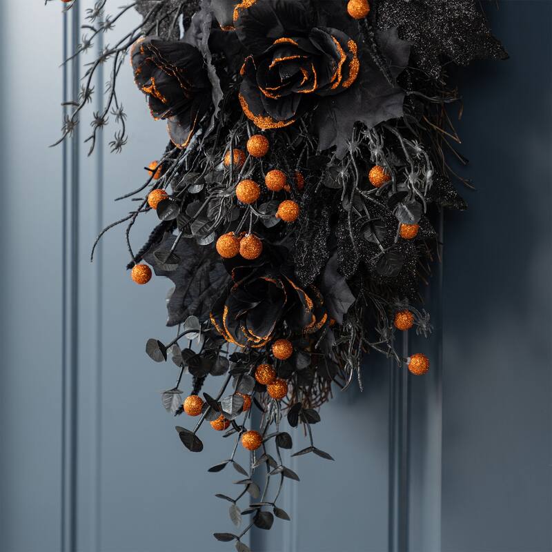 Glitzhome Halloween Black Rose Skeleton & Berry Wreath or Swag with Metal Wreath Hanger