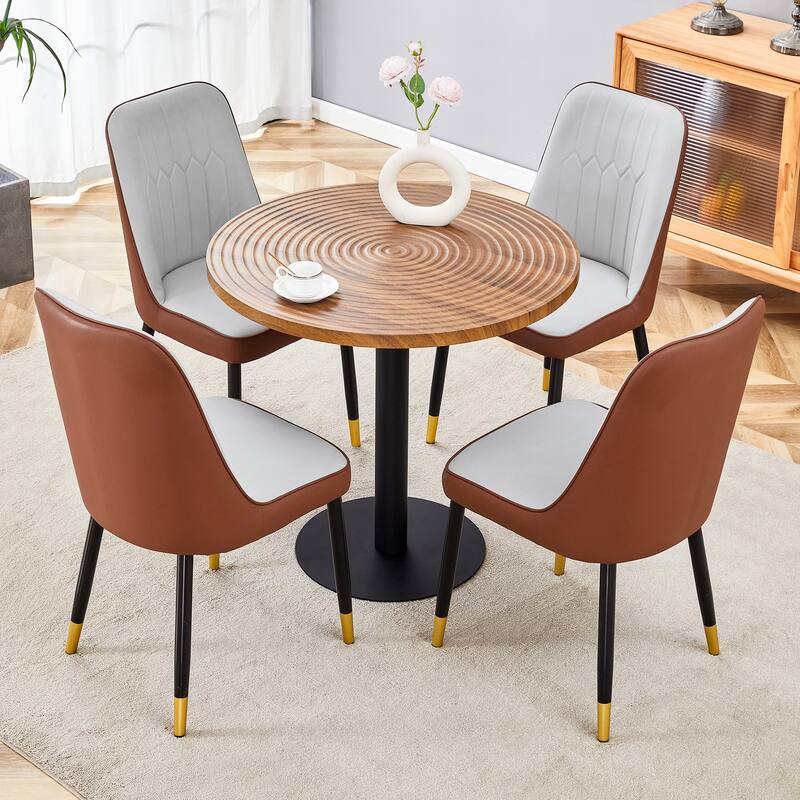 Minimalist Round Dining Set with Spliced Brown Upholstered Chairs - Brown Black Light Gray