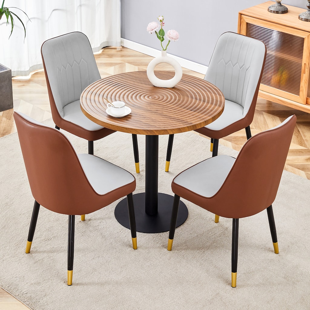 Minimalist Round Dining Set with Spliced Brown Upholstered Chairs