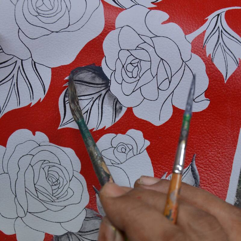 Handpainted Leather Ladies Organizer Wristlet - Romantic Rose Red