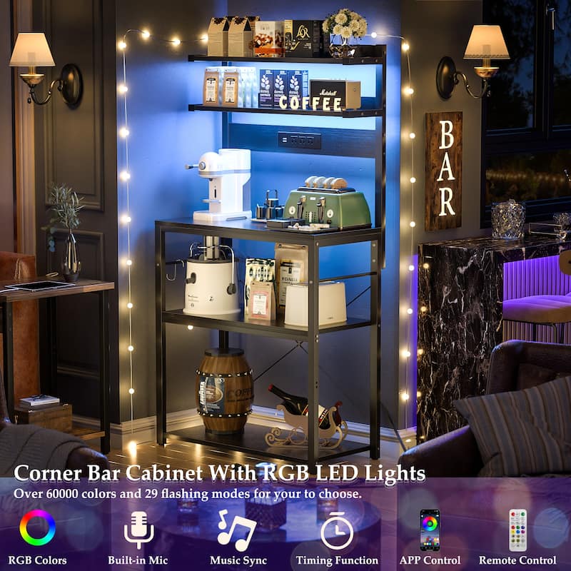 Bakers Rack Kitchen Storage Shelf with Power Outlets and RGB LED Lights,5 Tiers Coffee Bar Station,Microwave Stand