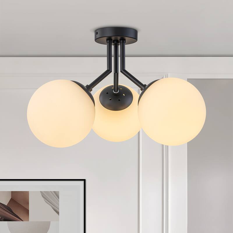 Starsky 3-light 18in. Modern Sputnik Ceiling Light Frosted Globe Glass Bubble Semi Flush Mount - Black
