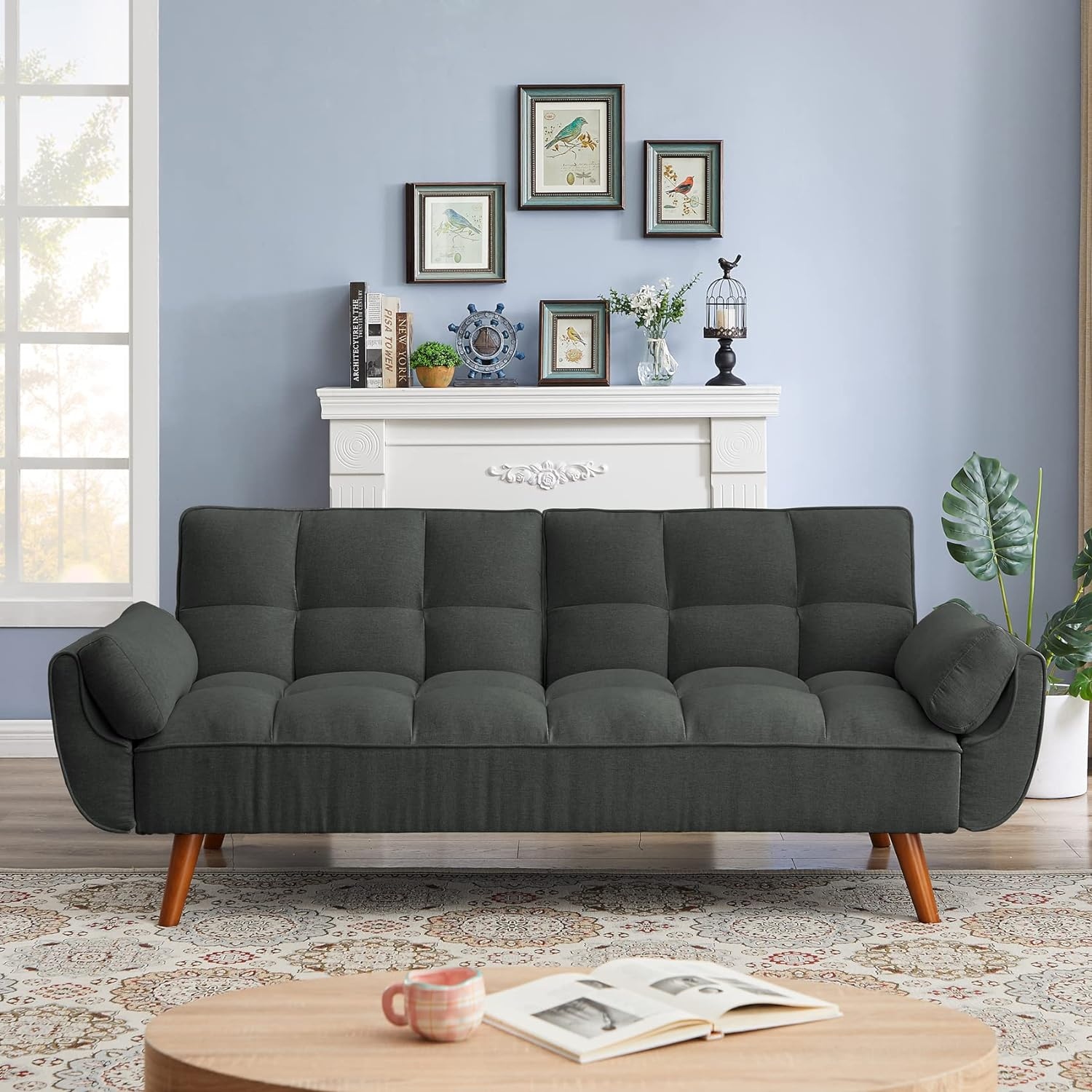 75.39 Futon Sofa Bed Convertible Folding Futon Couch Recliner Lounge For Living Room With 2 Pillow Armrest
